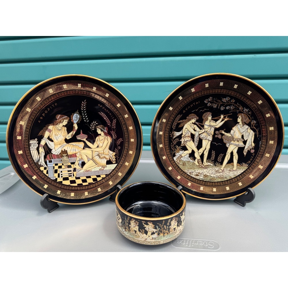 Stakias P Greek Pottery Set 24K Gold Handmade in Greece Plates and Bowl 3pc